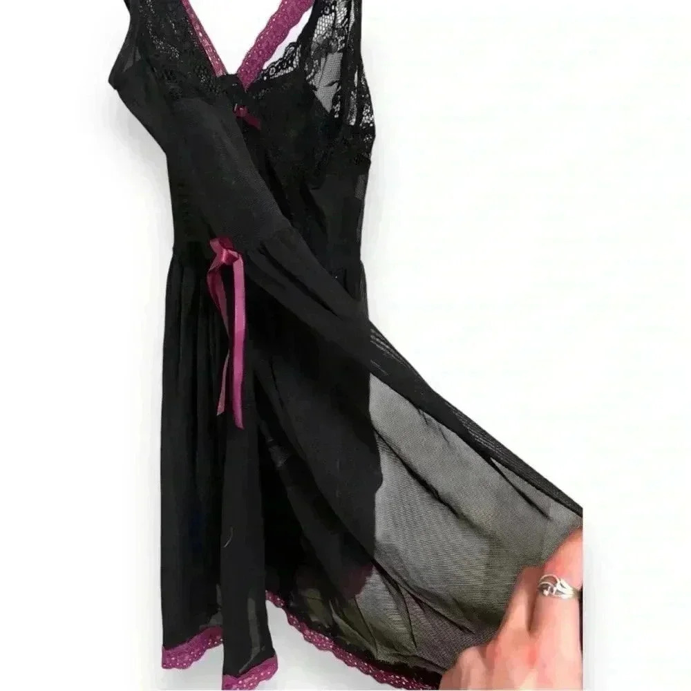 NWT Adore me Black and Purple Mesh Side Slit Babydoll Nightie with Black Panties - Picture 5 of 12